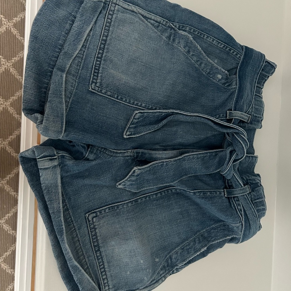 AMO Light Blue Denim paper bag short with Elastic tie Waist